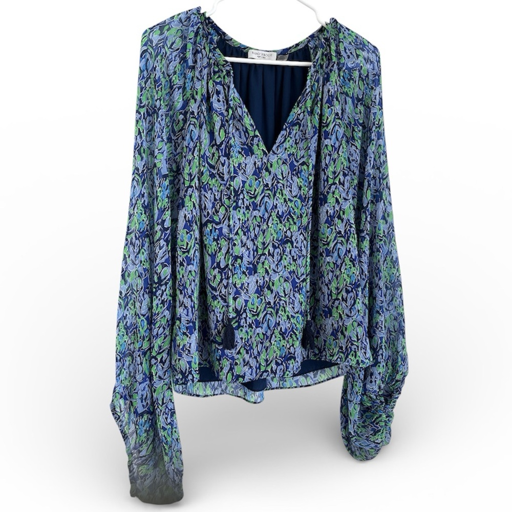 Ramy Brook New York Kade Floral Blue Green V Neck Blouse Top Tassels S